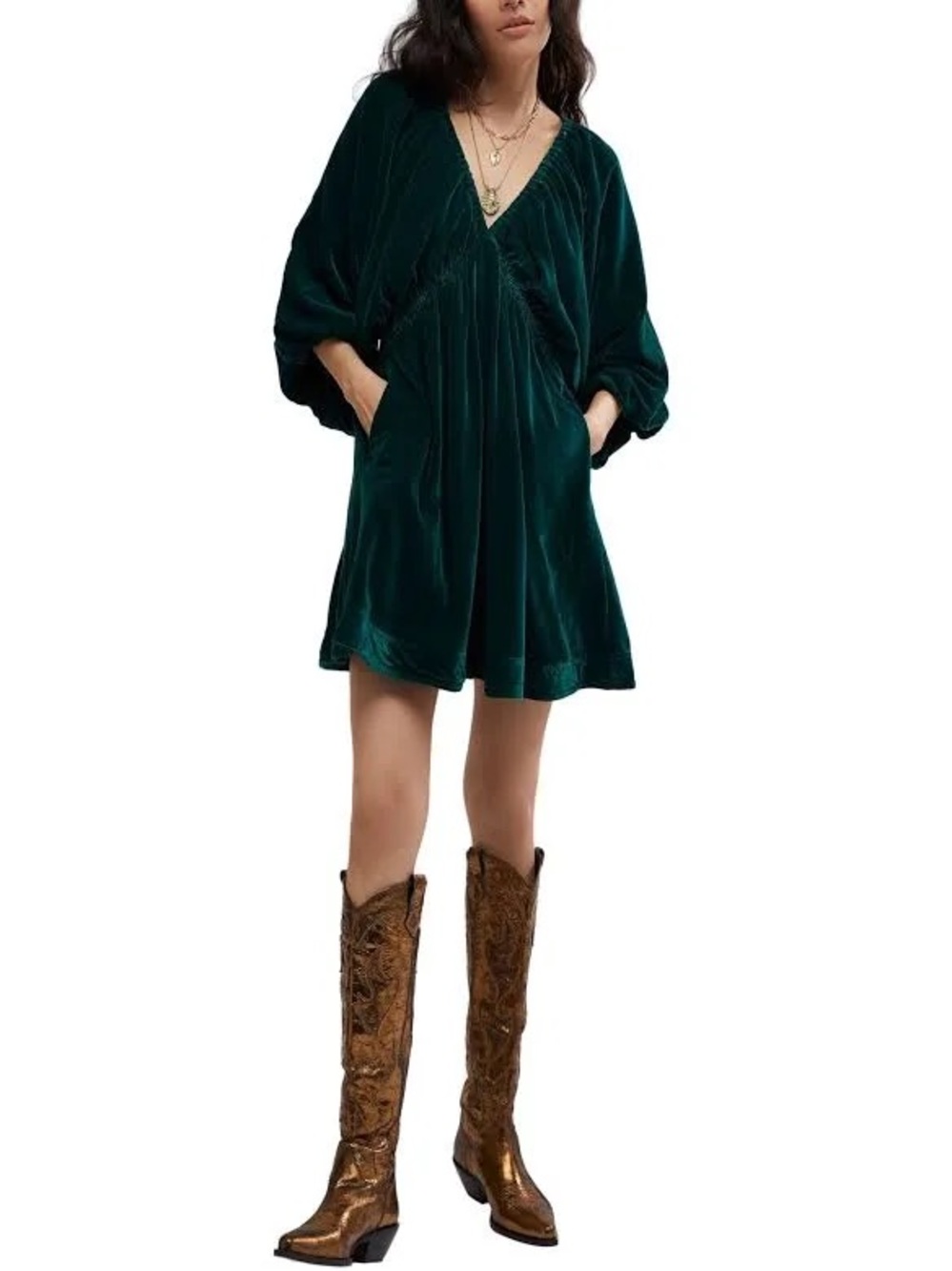 Free People Portia Velvet V-Neck Mini Dress in Deep Green Boho